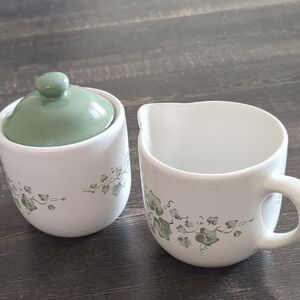Vintage Green and White Ceramic Ivy Print Sugar and Creamer Set